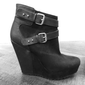Black Wedge Booties with Buckle Detail at Ankle